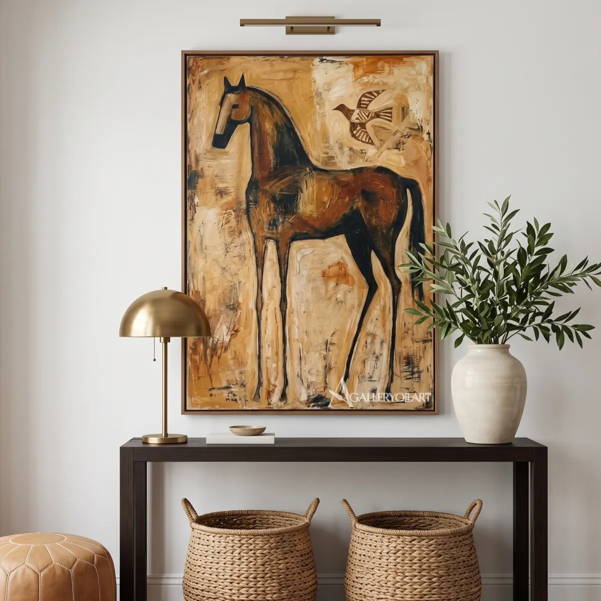 horse with soaring bird-animal-art-brown-wall-art-in-modern-entryway
