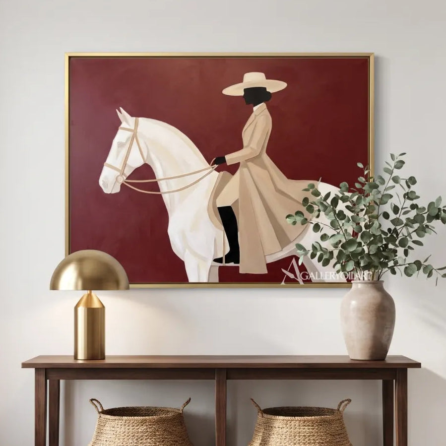 Western-Cowboy-horseback-poise-with-a-woman-on-a-white-horse-against-red-in-a-living-room
