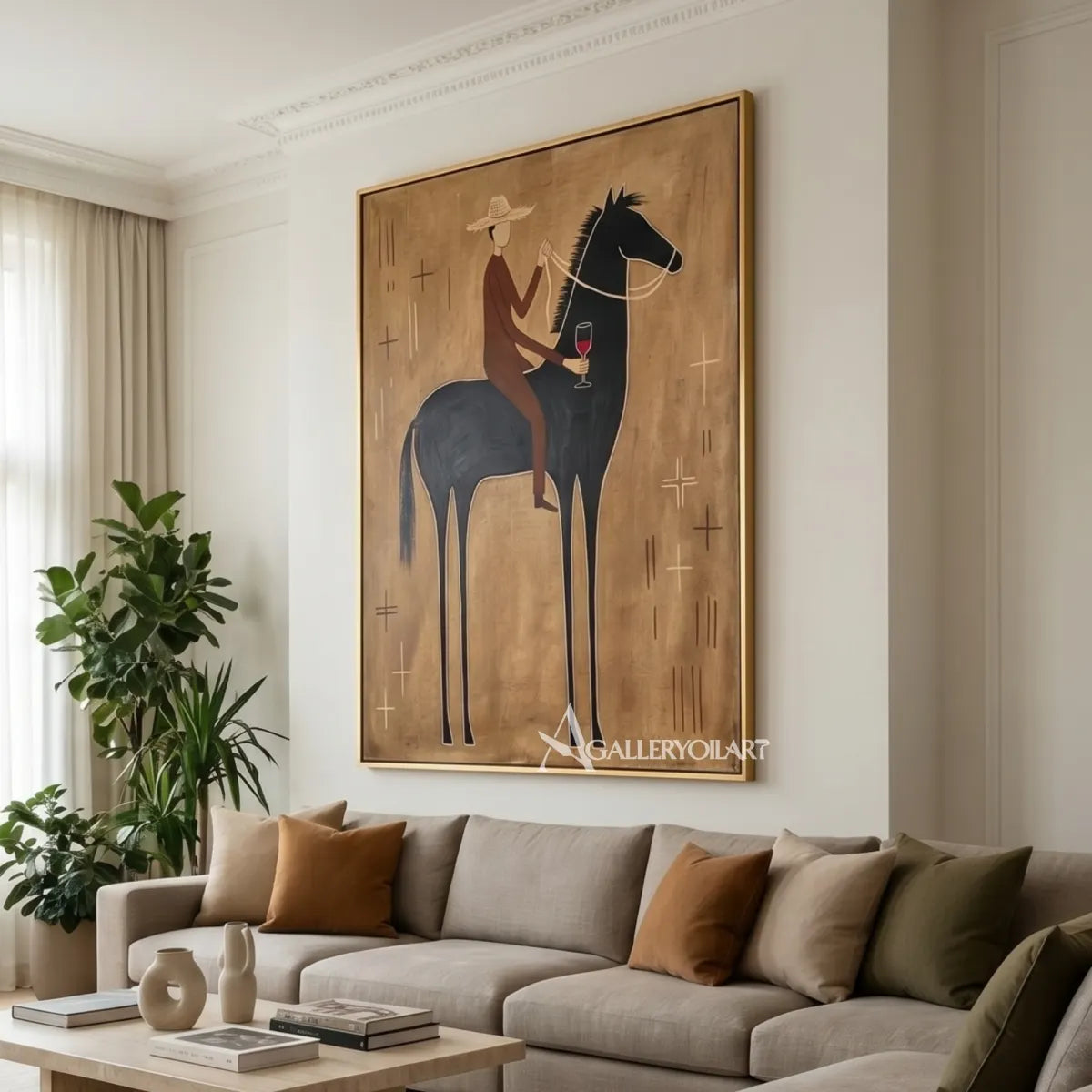 western-cowboy-art-painting-of-a-hat-wearing-rider-raising-a-glass-on-a-black-horse-against-an-ochre-field-in-a-bright-lounge