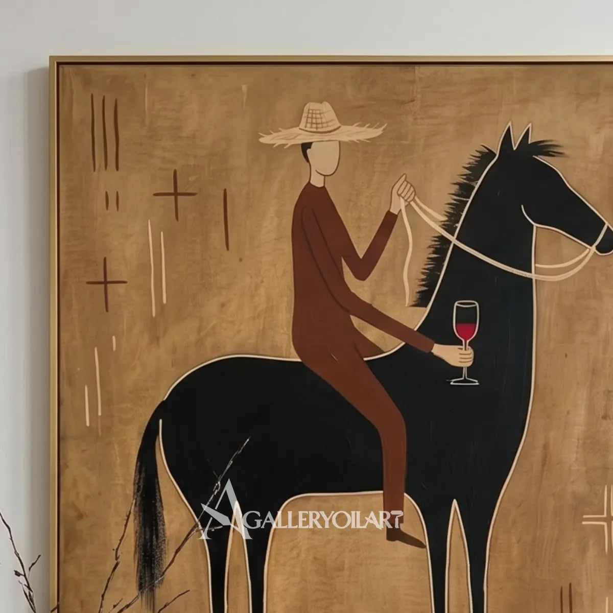 western-cowboy-art-close-up-of-a-hat-wearing-rider-raising-a-glass-on-a-black-horse-against-ochre
