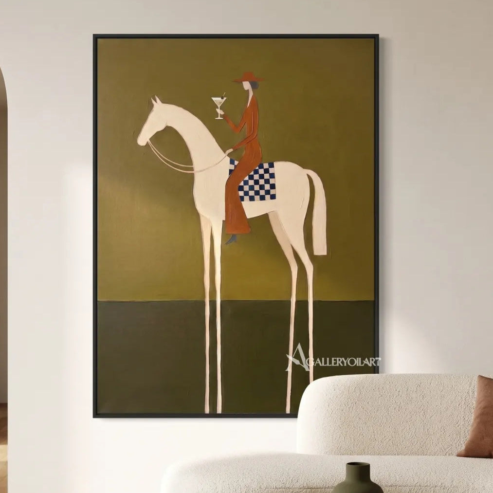rider-on-a-white-horse-raising-a-toast-western-cowboy-art-Gold-wall-art-in-transitional-hallway
