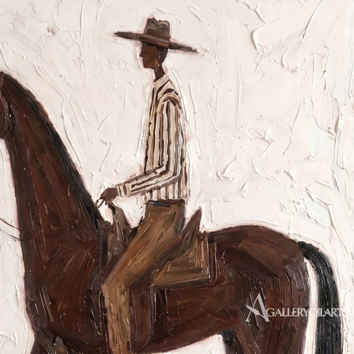 Western Cowboy rider on a brown horse in a textured white relief painting-in-detail
