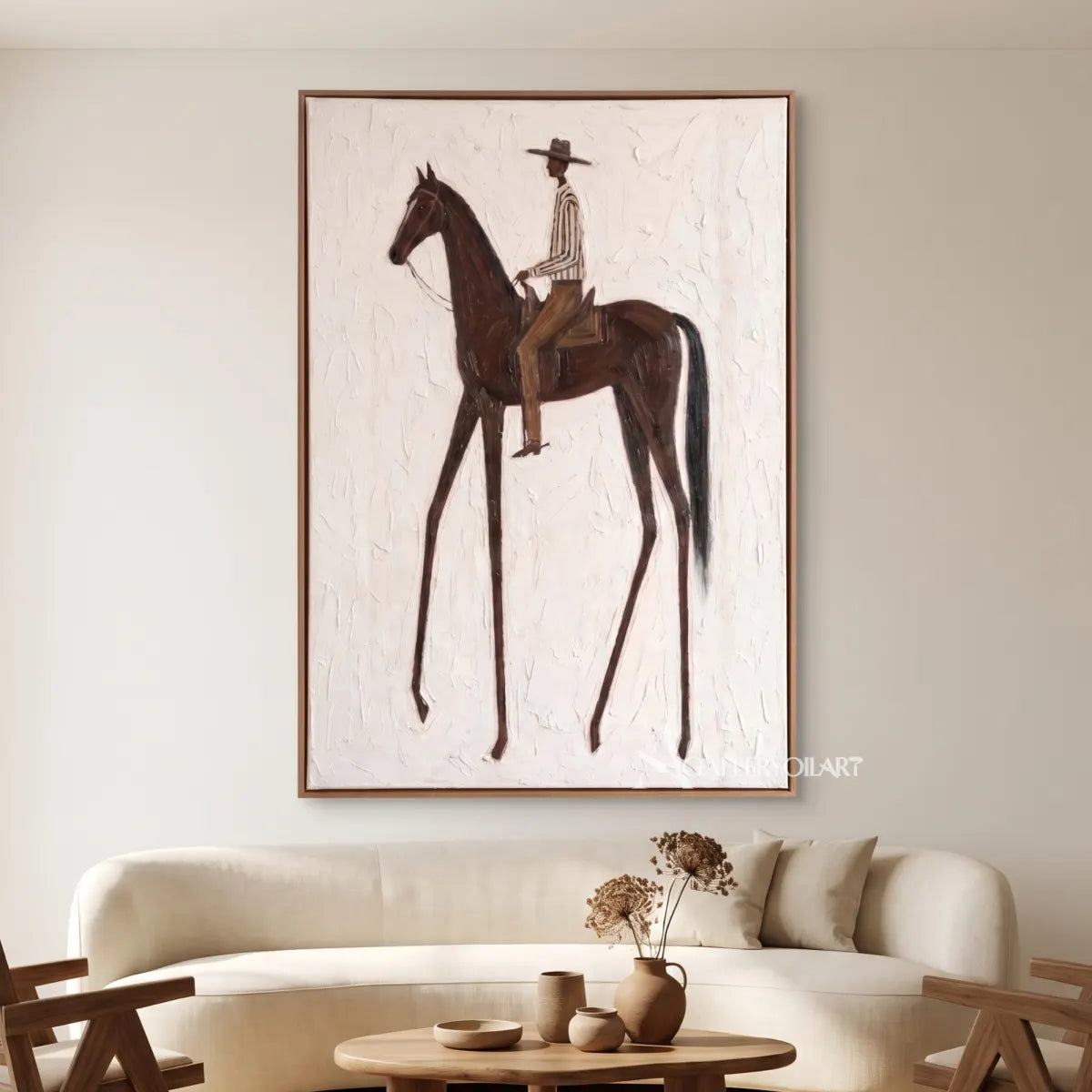 Western Cowboy rider on a brown horse in a textured white relief painting-in-gallery-space