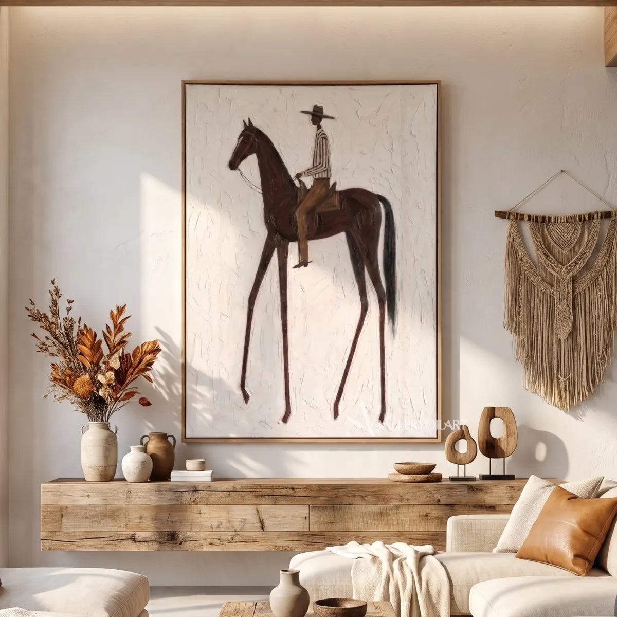 Western Cowboy rider on a brown horse in a textured white relief painting-in-gathering-room