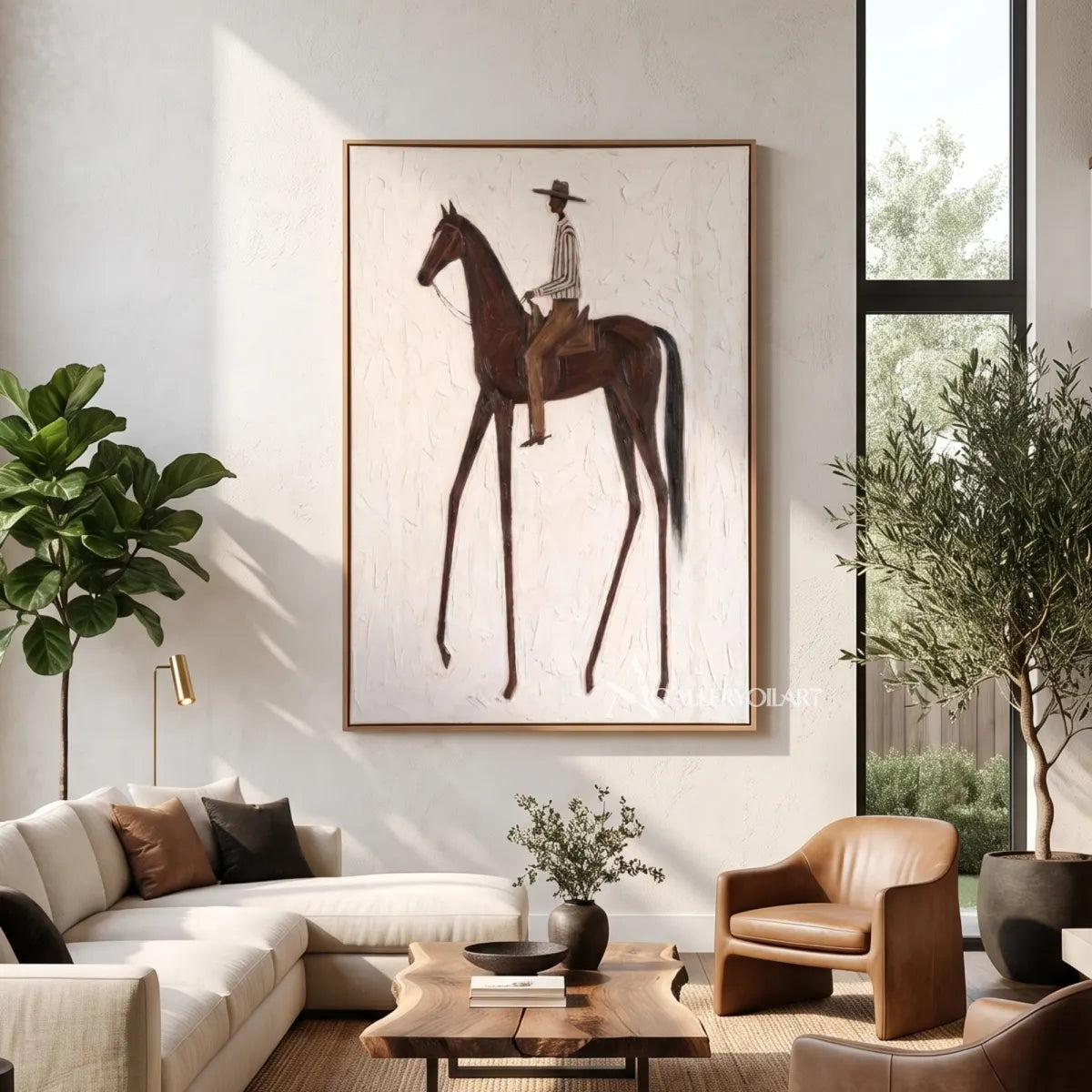 Western Cowboy rider on a brown horse in a textured white relief painting-in-living-room