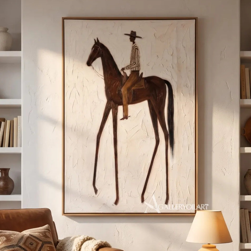 Western Cowboy rider on a brown horse in a textured white relief painting-in-reading-lounge