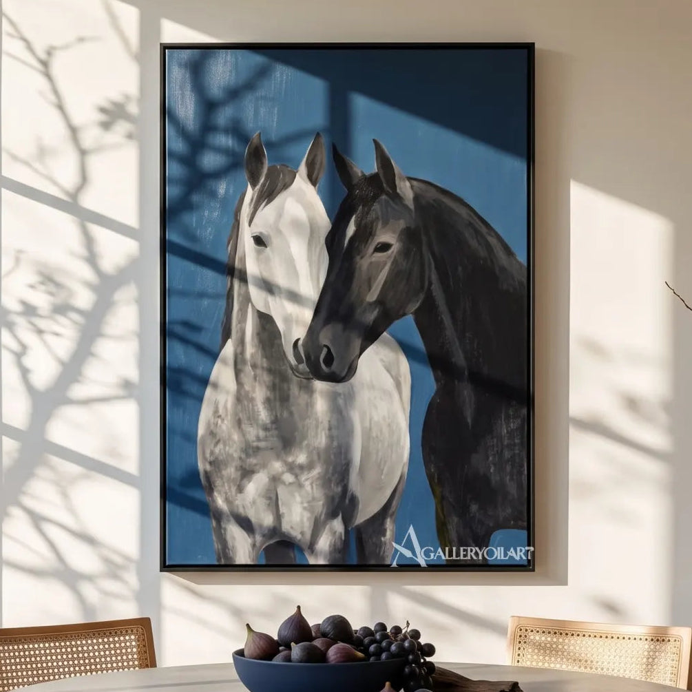two horses in quiet trust-animal-art-blue-wall-art-in-dining-space
