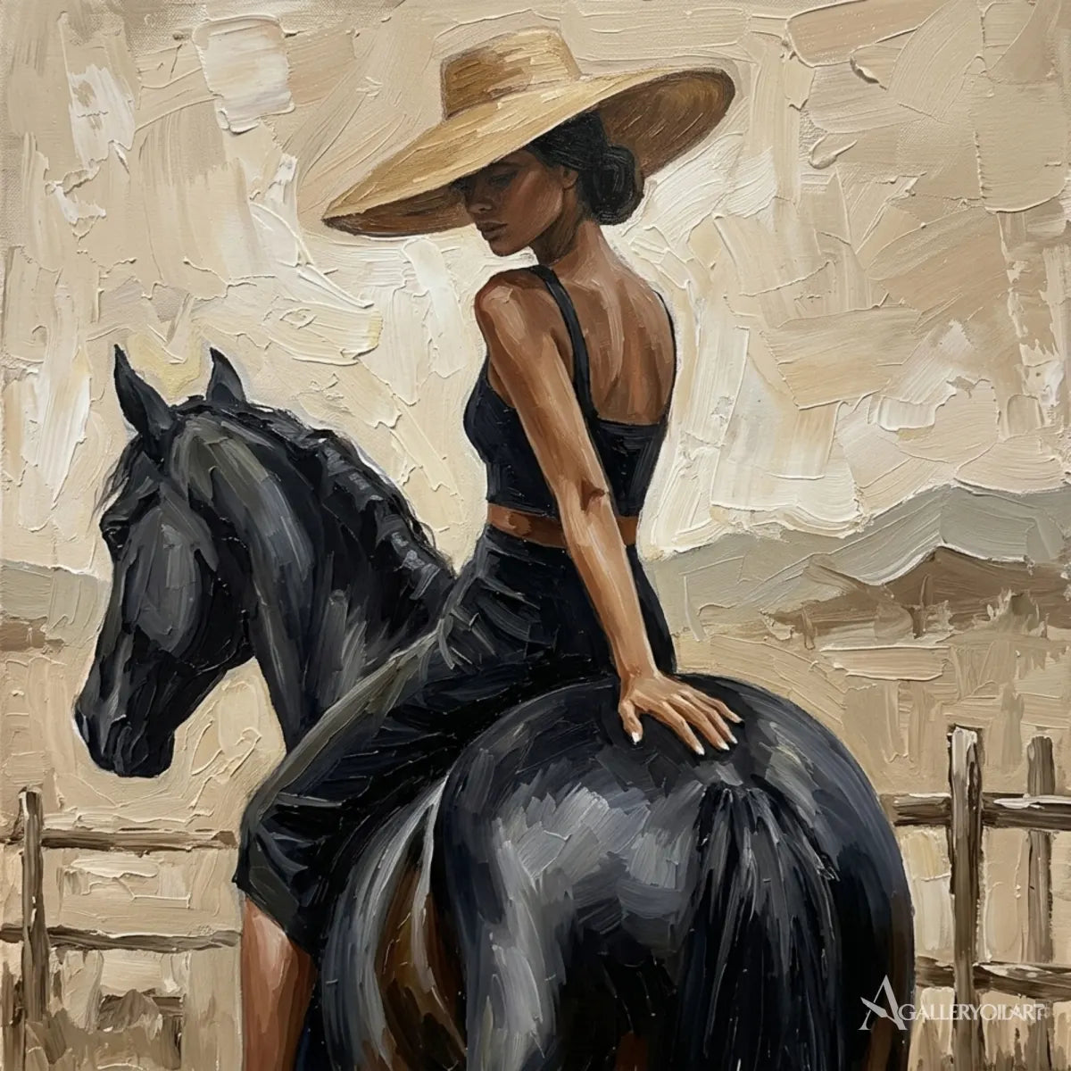 Woman-riding-a-black-horse-in-beige-textured-portrait-art-close-up-view