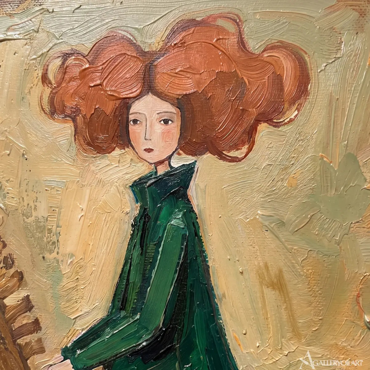 horsewoman in a flowing dress-animal-art-green-wall-art-in-close-up-detail
