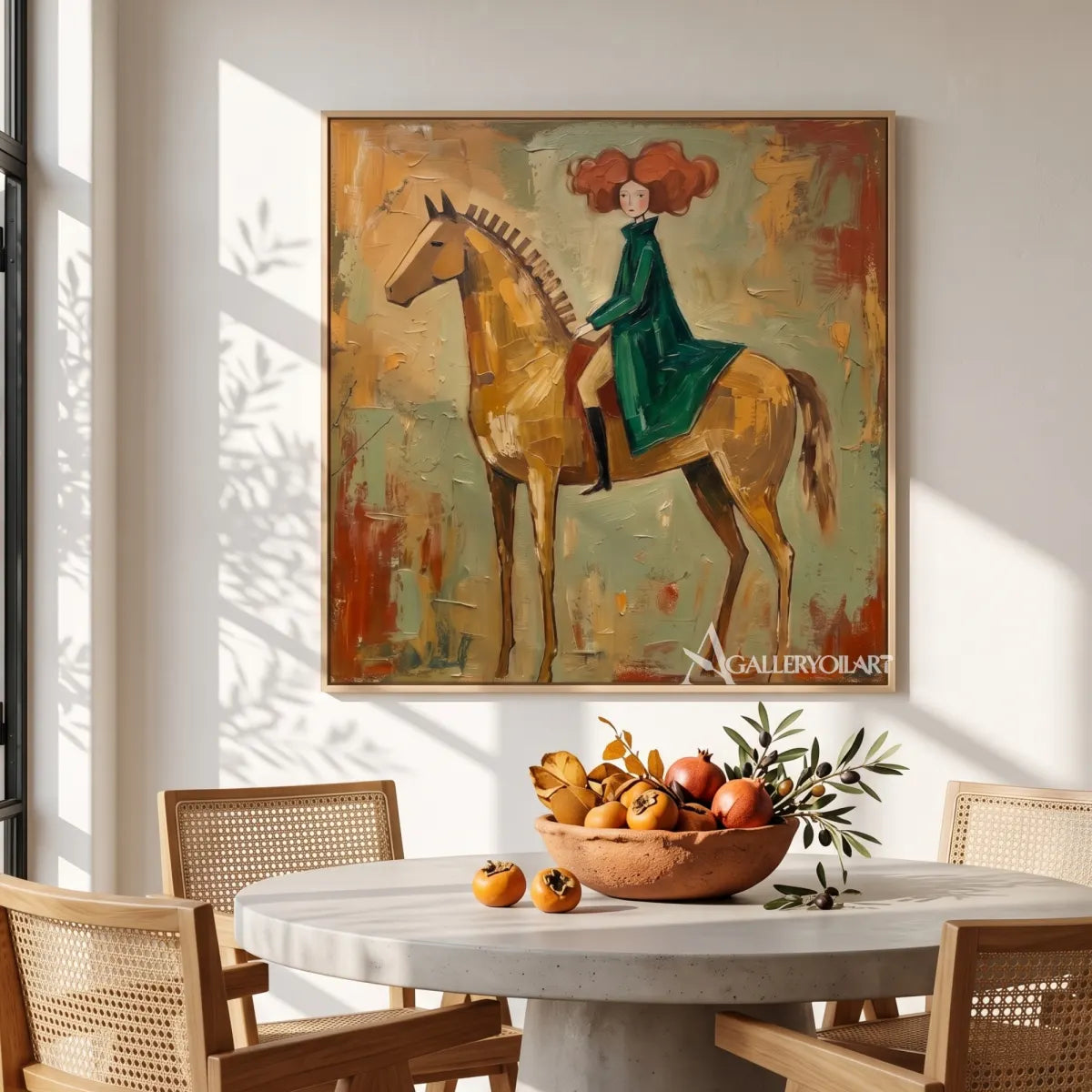 horsewoman in a flowing dress-animal-art-green-wall-art-in-dining-space