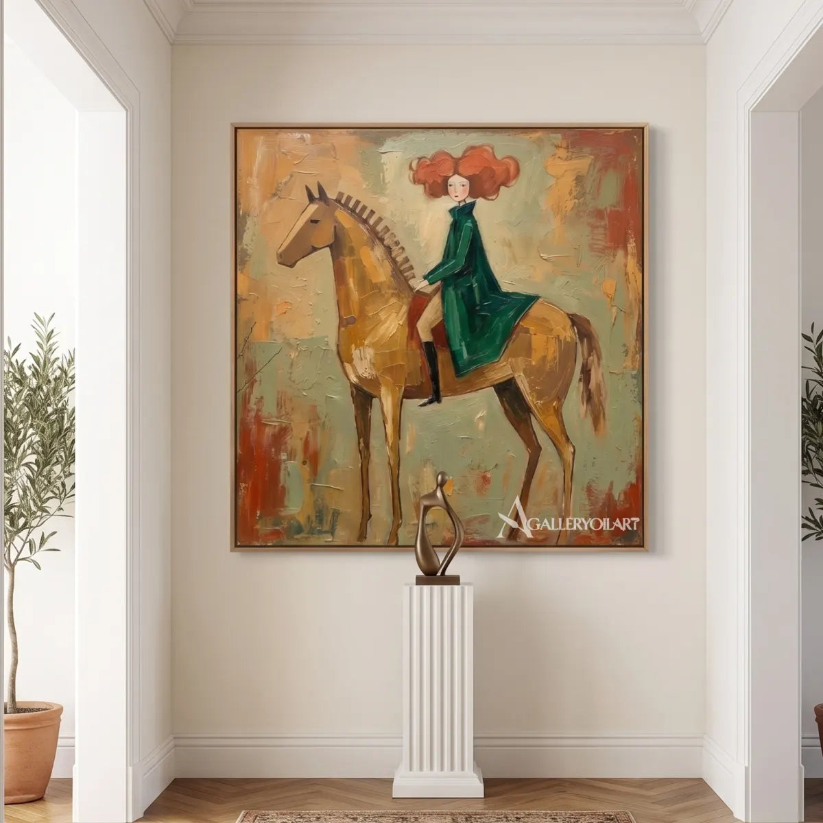 horsewoman in a flowing dress-animal-art-green-wall-art-in-hallway