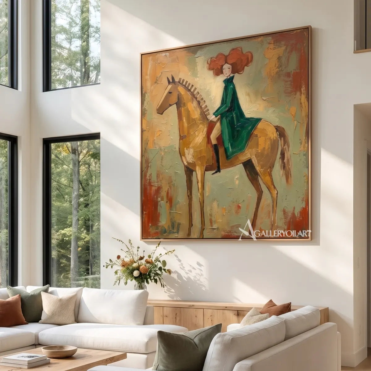 horsewoman in a flowing dress-animal-art-green-wall-art-in-luxurious-interior