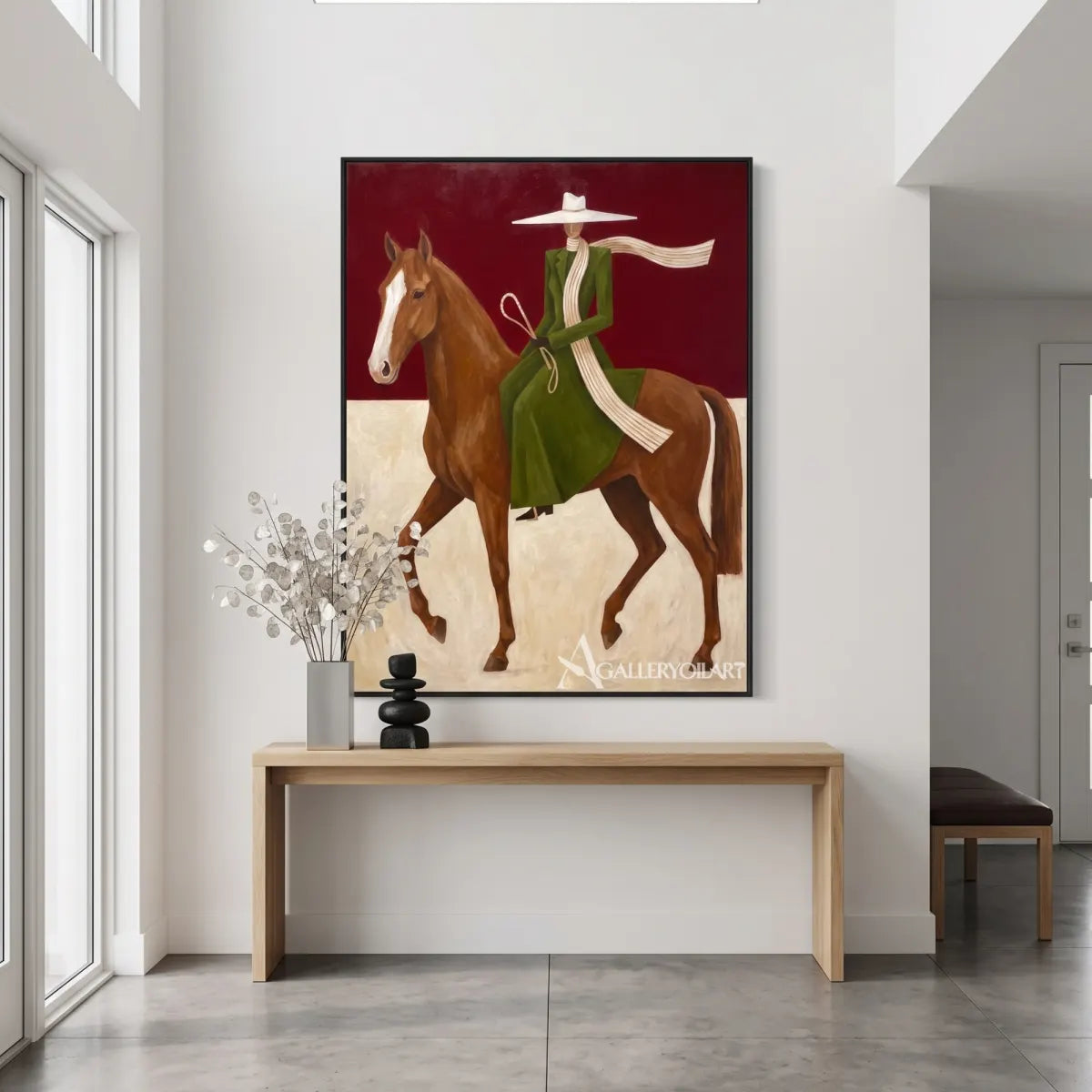 Western Cowboy horsewoman in a green dress riding a brown horse against a red and cream ground-in-entryway
