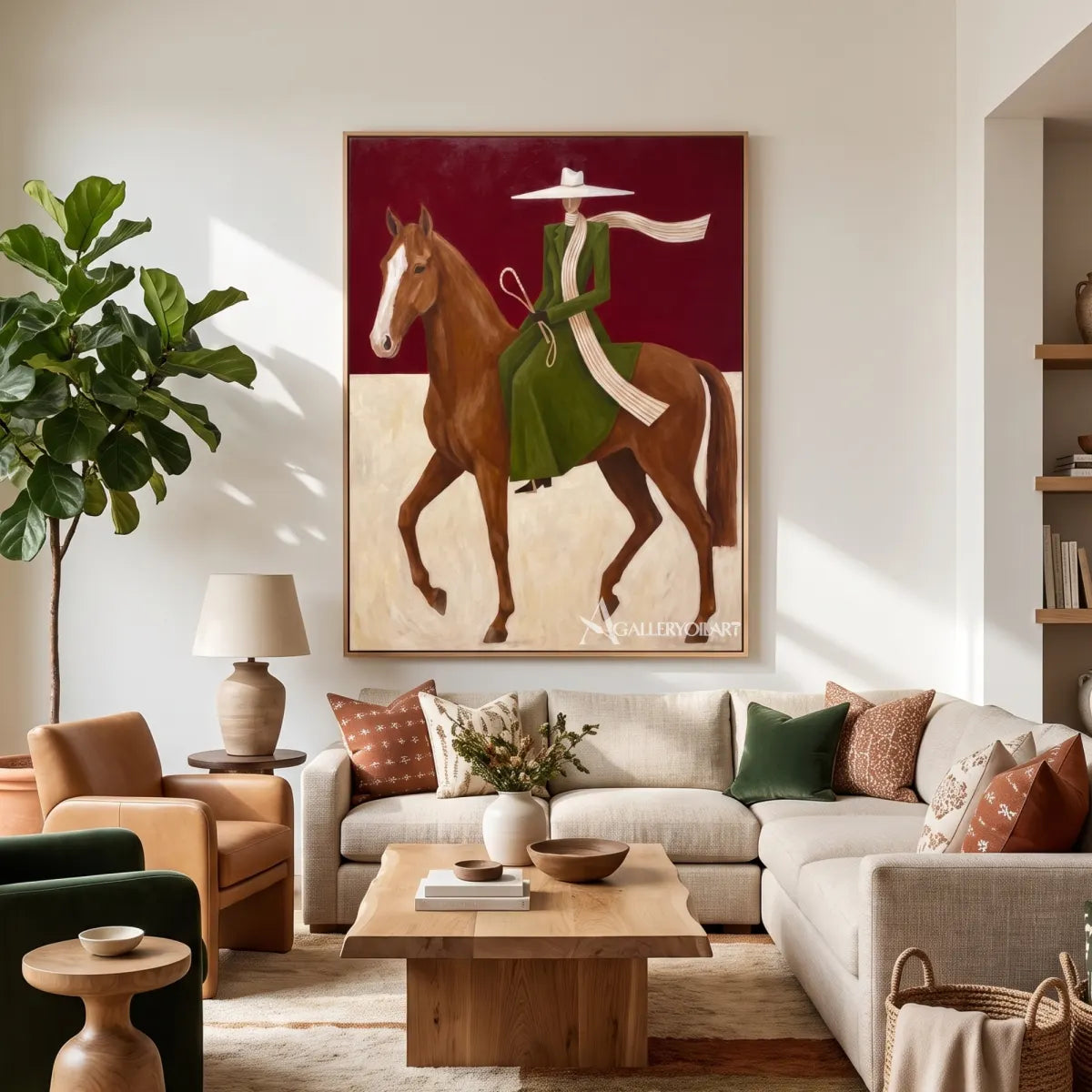 Western Cowboy horsewoman in a green dress riding a brown horse against a red and cream ground-in-hallway
