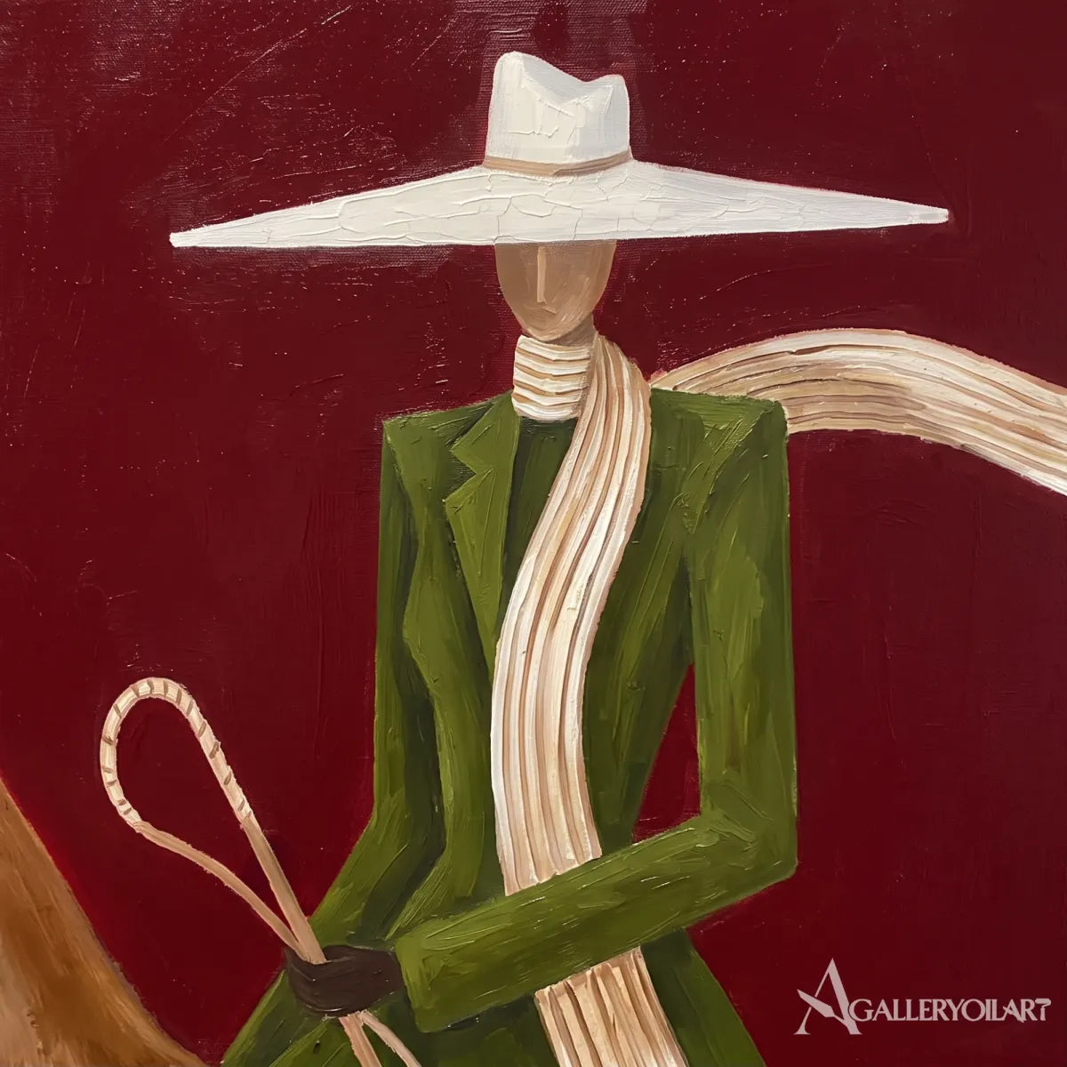 Western Cowboy horsewoman in a green dress riding a brown horse against a red and cream ground-in-living-room
