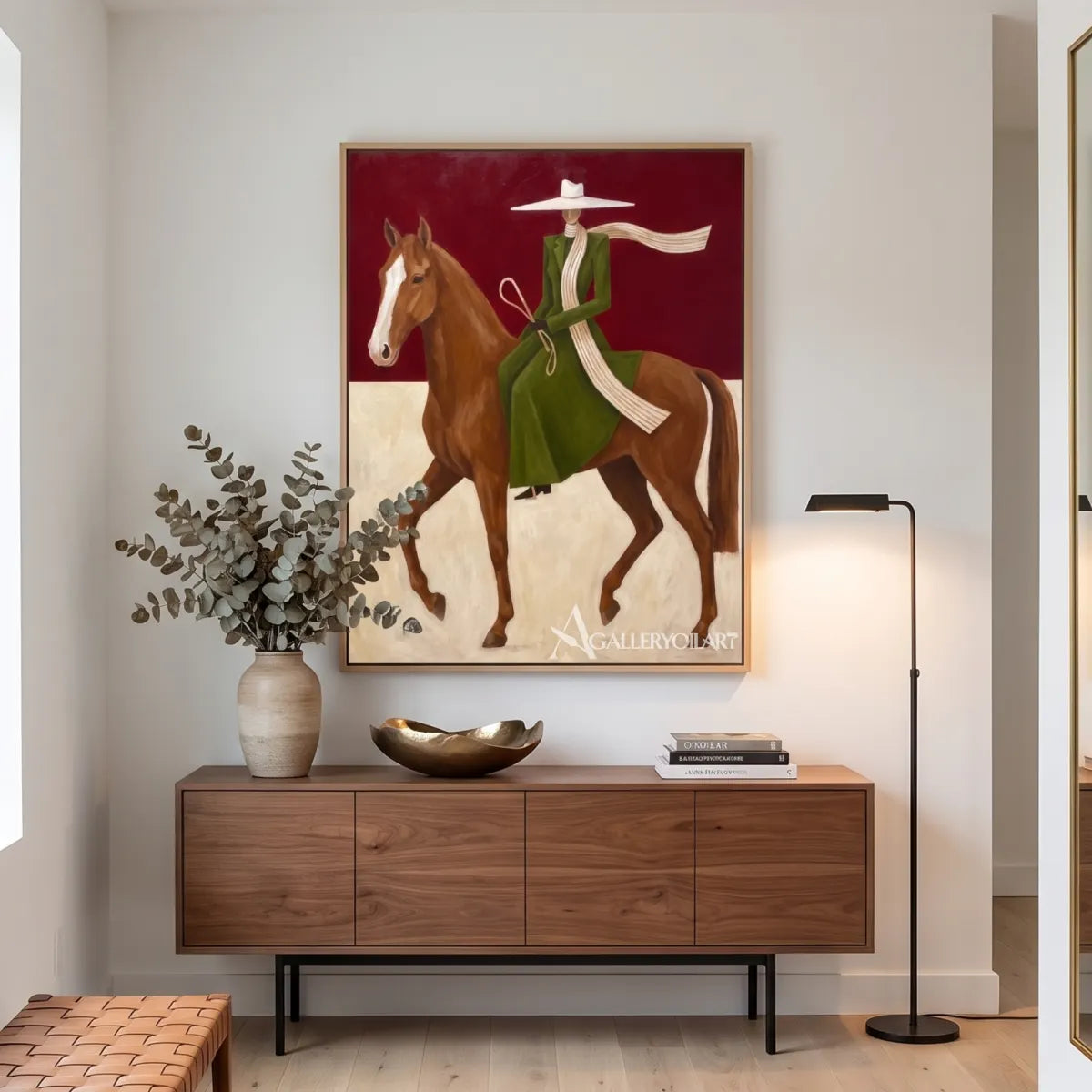 Western Cowboy horsewoman in a green dress riding a brown horse against a red and cream ground-in-minimalist-living-room