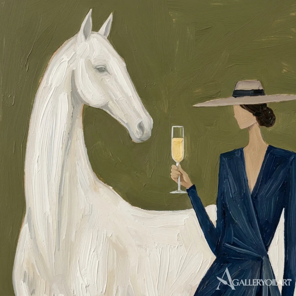 White-horse-and-blue-dressed-woman-in-portrait-art-olive-green-hallway