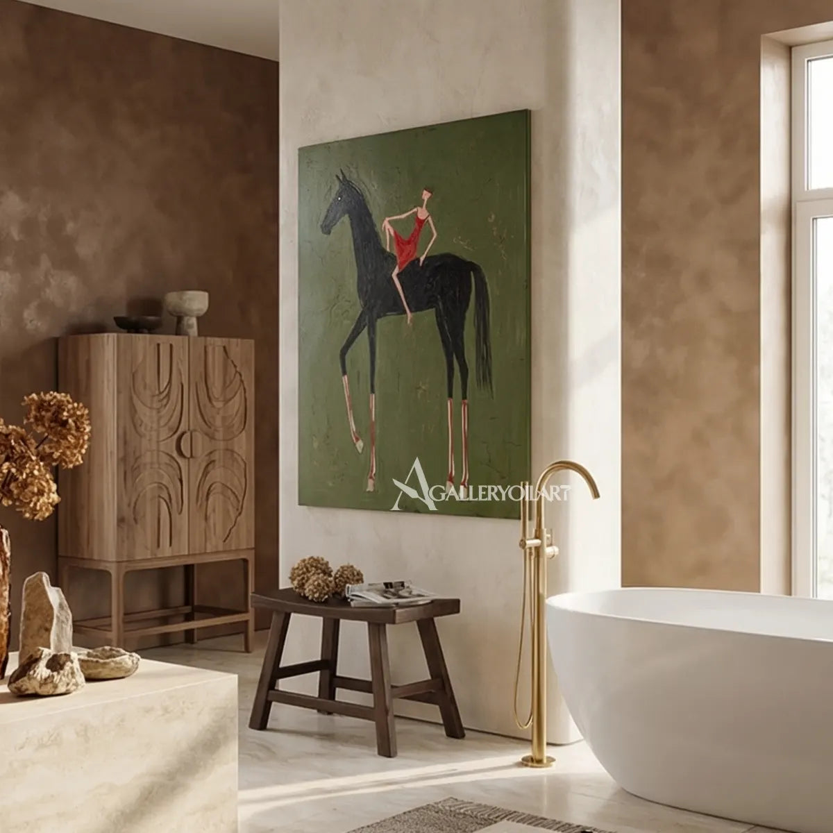 western-cowboy-art-painting-of-a-woman-in-red-riding-a-black-horse-against-a-green-field-in-a-bathroom