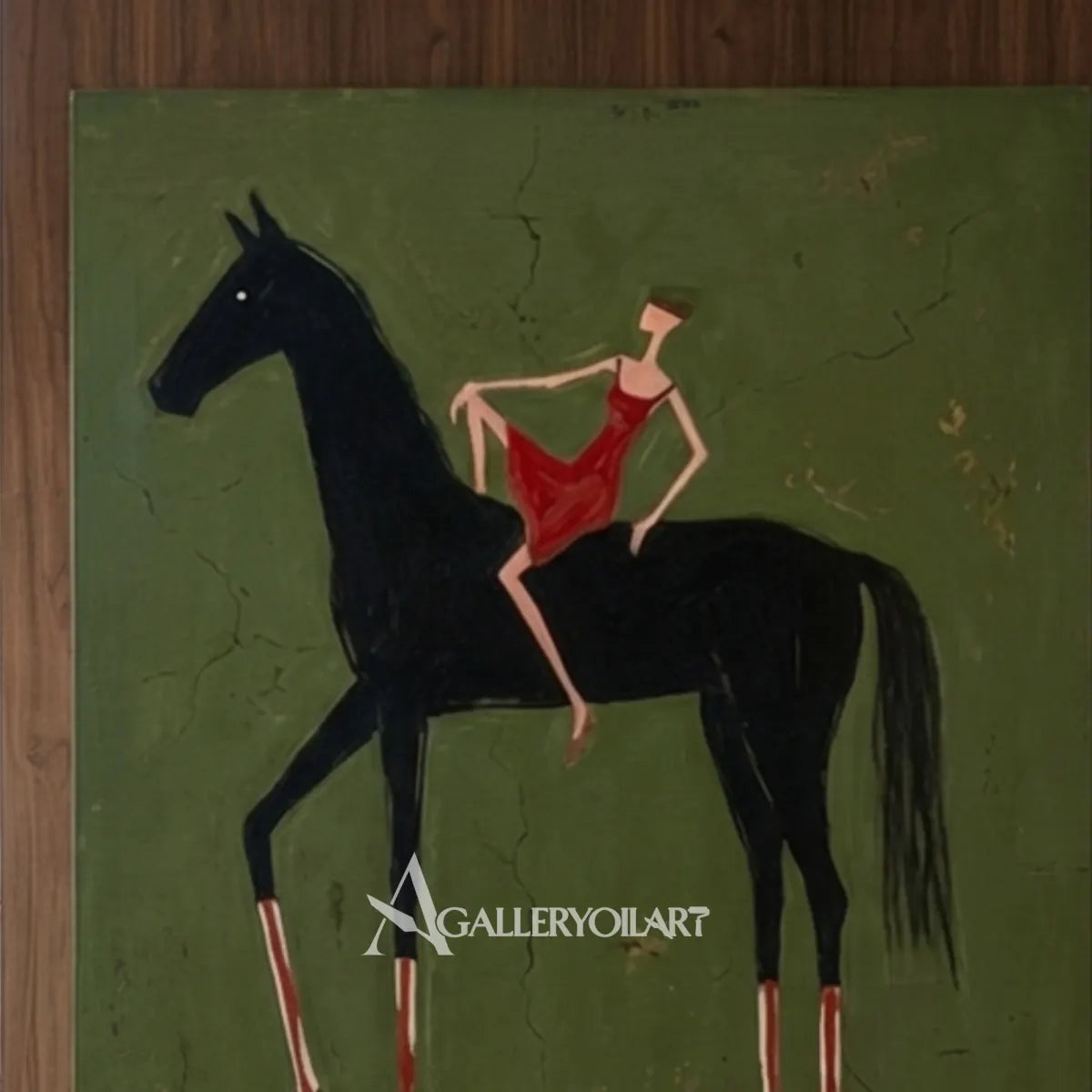western-cowboy-art-close-up-of-a-woman-in-red-riding-a-black-horse-against-green