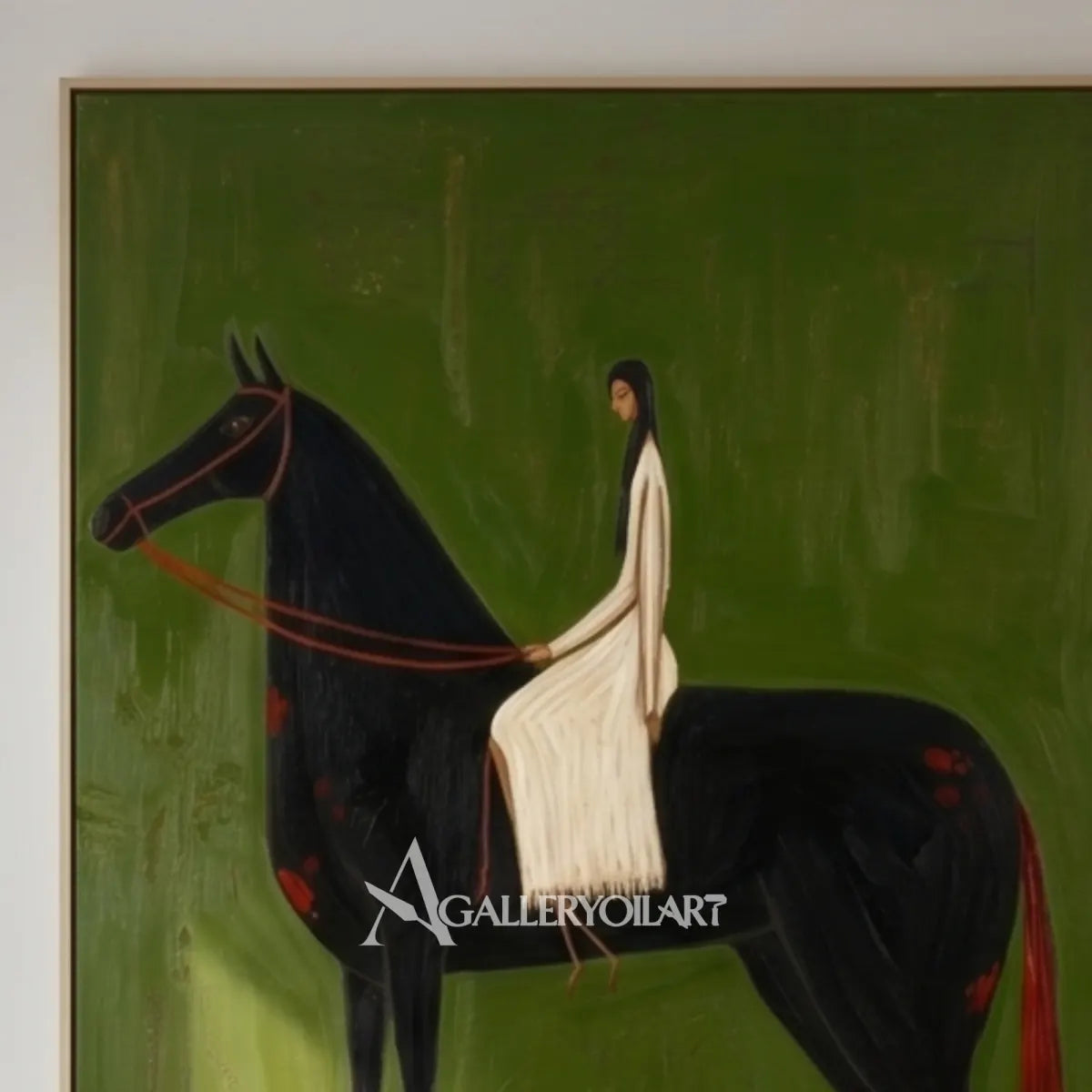 Close-view-of-Western-cowboy-art-showing-a-cream-clad-horsewoman-and-black-horse-against-green