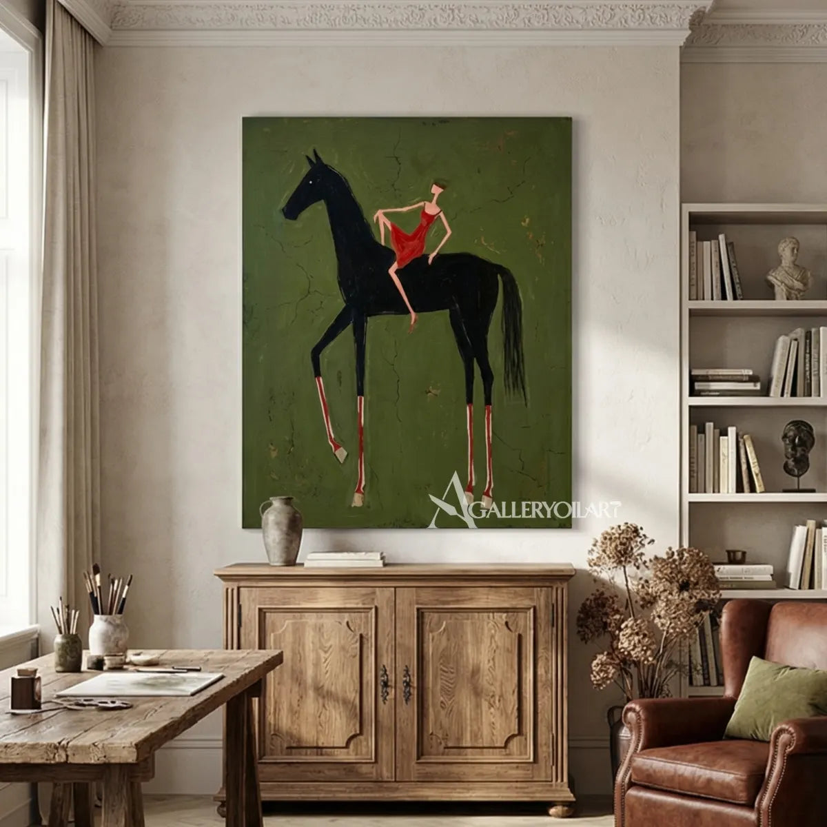 western-cowboy-art-painting-of-a-woman-in-red-riding-a-black-horse-against-a-green-field-in-a-dining-room