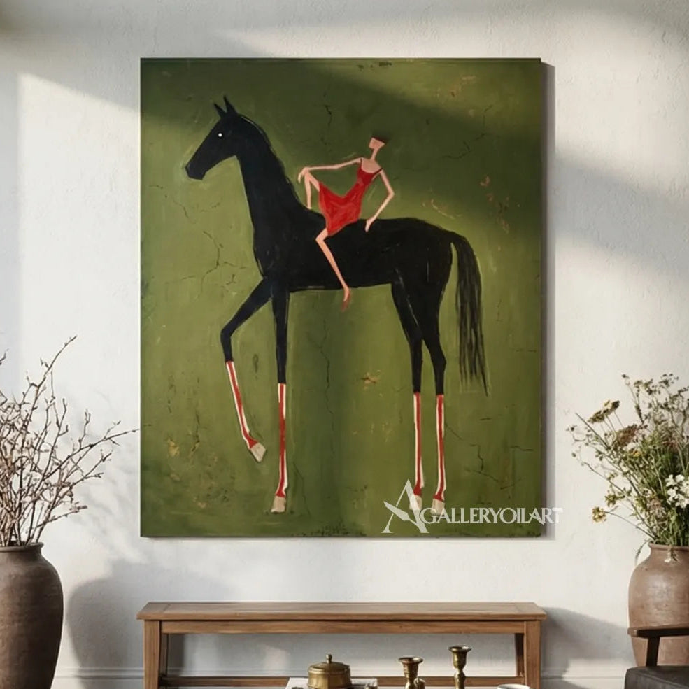 western-cowboy-art-painting-of-a-woman-in-red-riding-a-black-horse-against-a-green-field-in-an-entryway