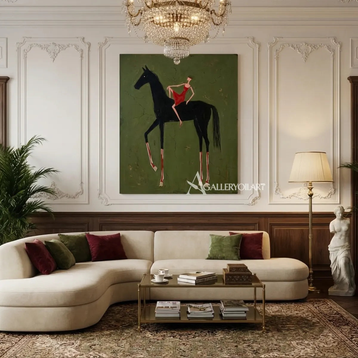 western-cowboy-art-painting-of-a-woman-in-red-riding-a-black-horse-against-a-green-field-in-a-formal-living-room
