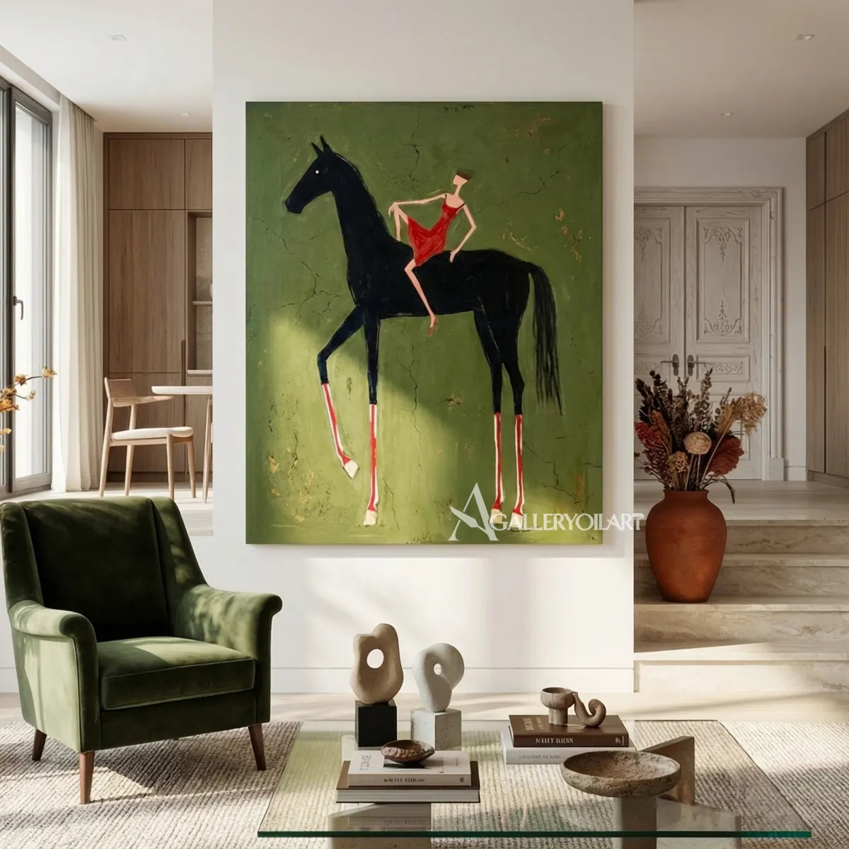 western-cowboy-art-painting-of-a-woman-in-red-riding-a-black-horse-against-a-green-field-beside-a-green-chair