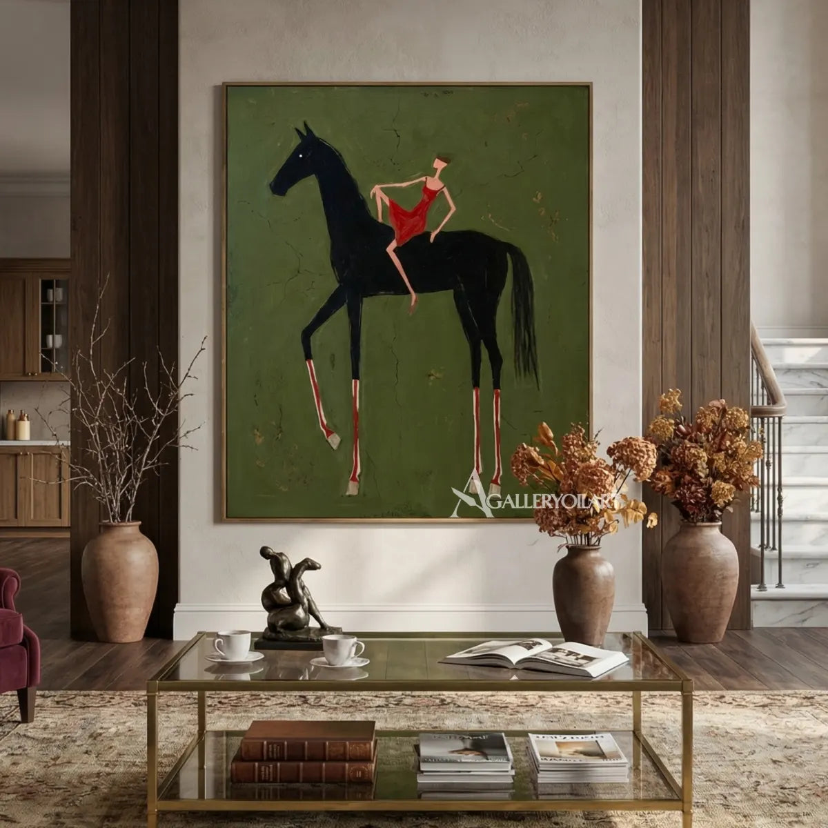 western-cowboy-art-painting-of-a-woman-in-red-riding-a-black-horse-against-a-green-field-in-a-living-room