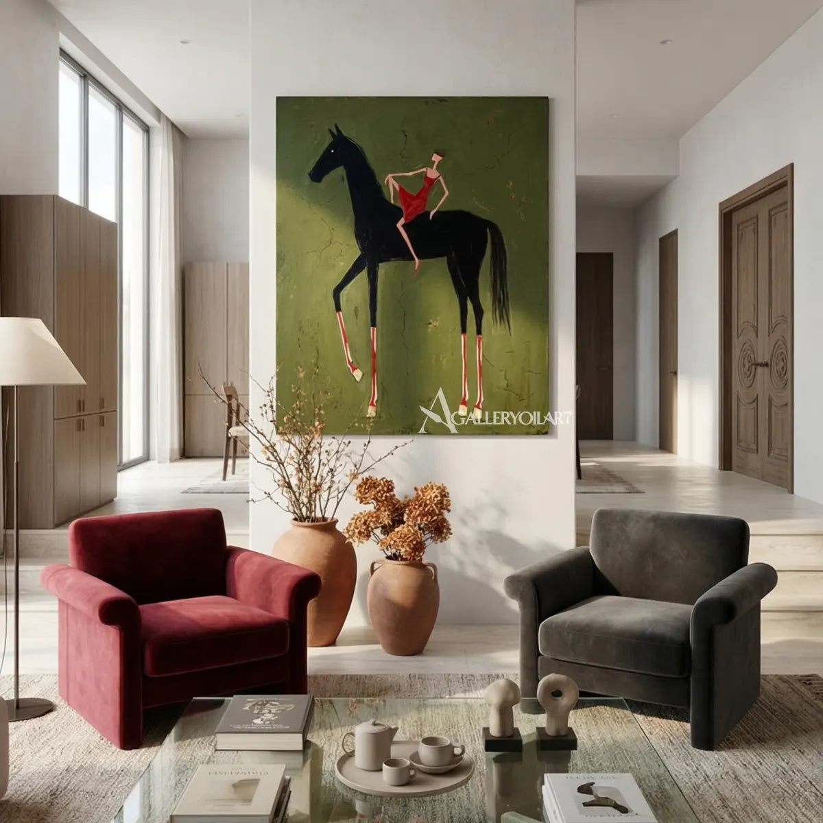 western-cowboy-art-painting-of-a-woman-in-red-riding-a-black-horse-against-a-green-field-in-a-lounge