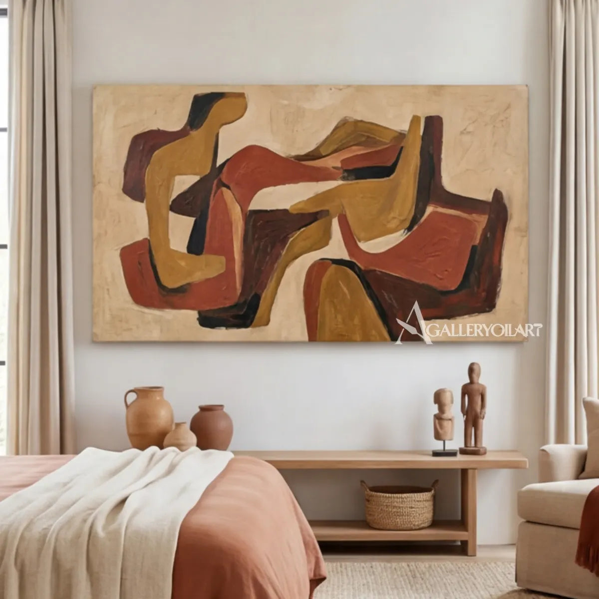 Abstract interwoven forms in ochre, rust, terracotta, deep brown, and cream wall art in bedroom
