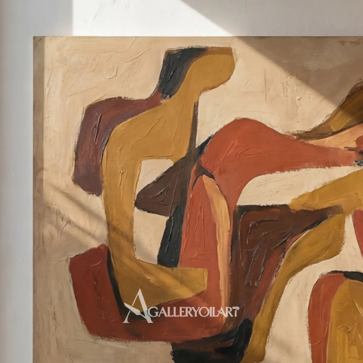 Abstract interwoven forms in ochre, rust, terracotta, deep brown, and cream wall art in close view
