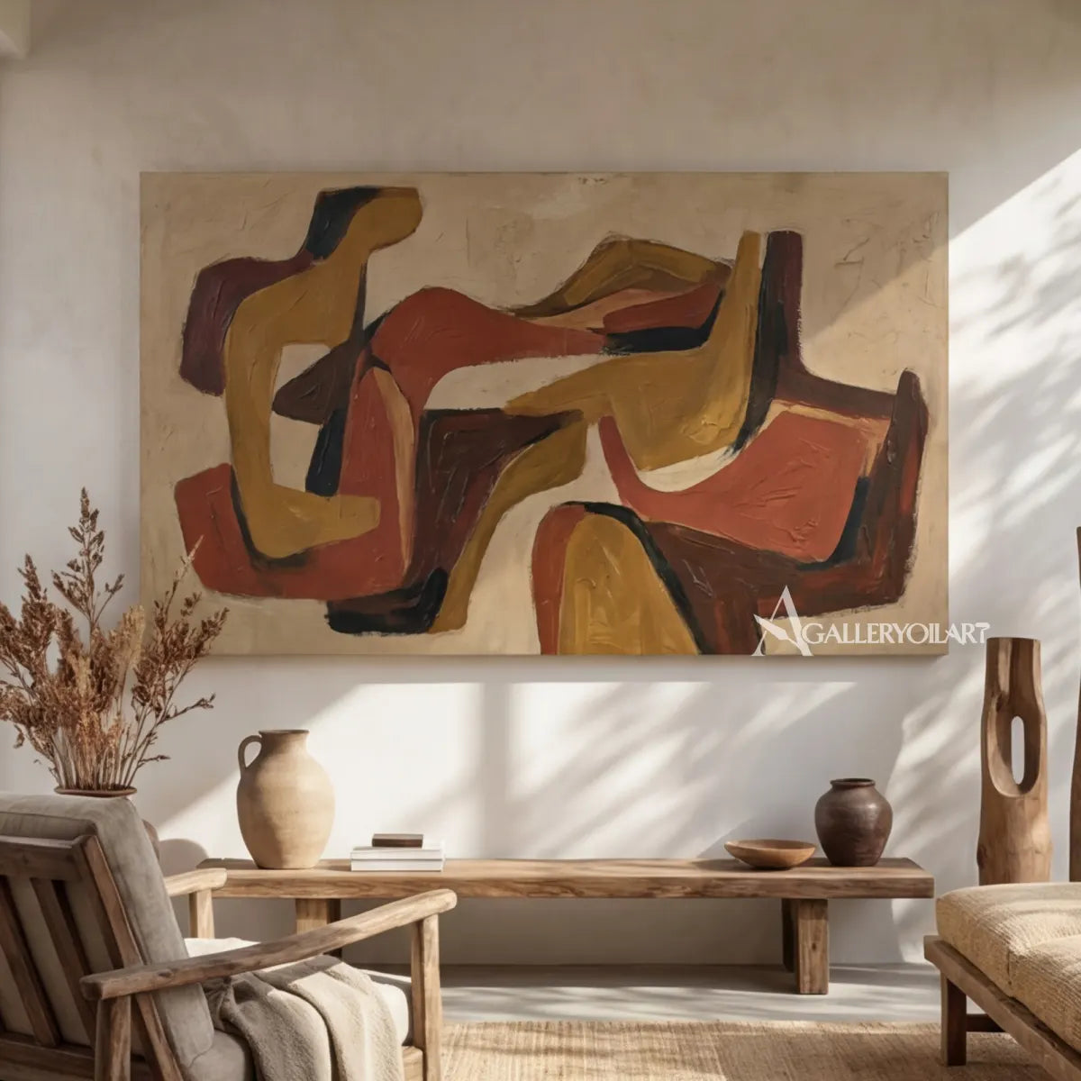 Abstract interwoven forms in ochre, rust, terracotta, deep brown, and cream wall art in dining room