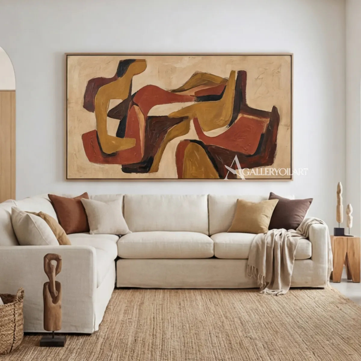 Abstract interwoven forms in ochre, rust, terracotta, deep brown, and cream wall art in lounge