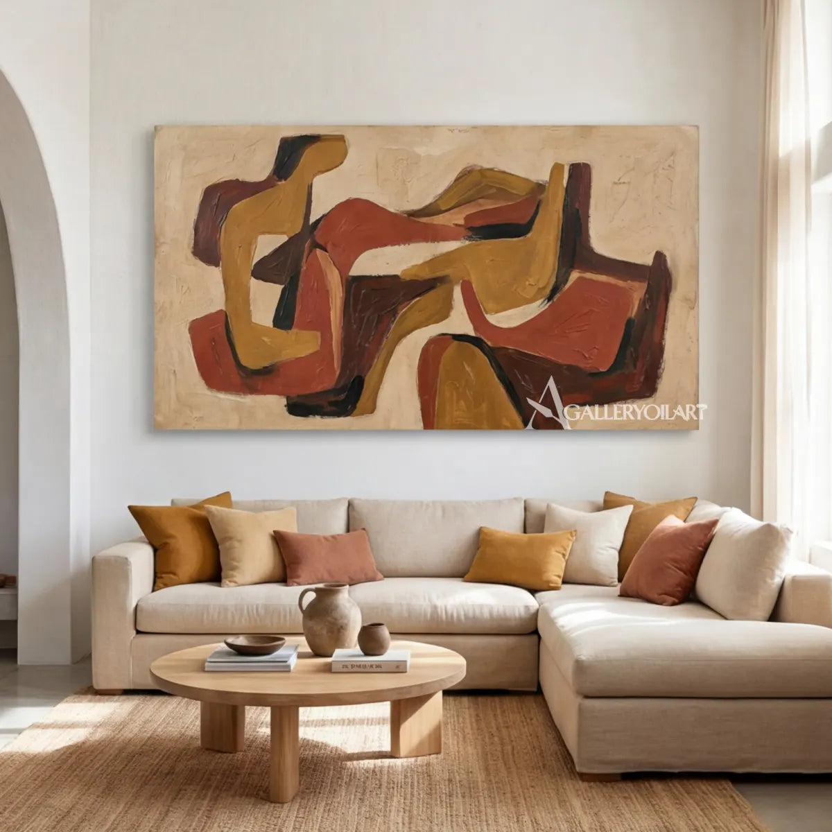 Abstract interwoven forms in ochre, rust, terracotta, deep brown, and cream wall art in sofa room