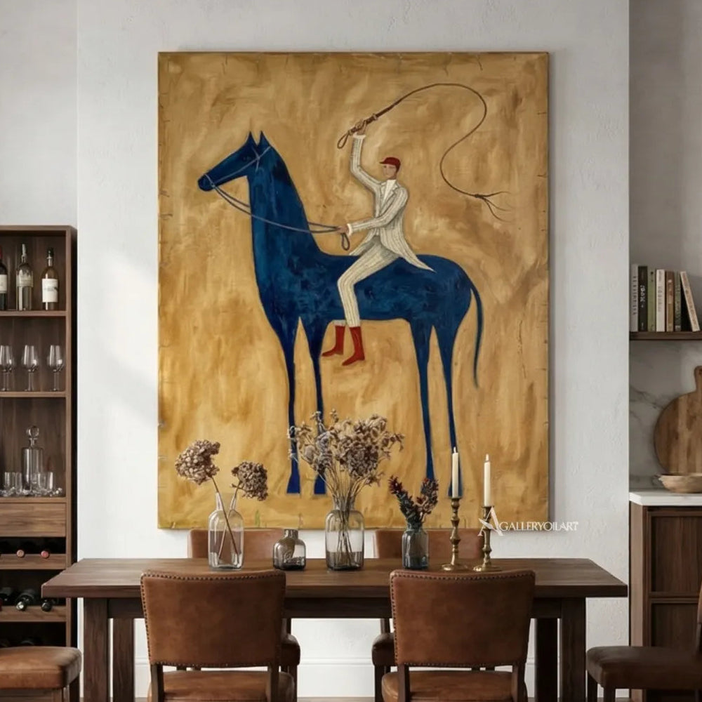 Western-cowboy-art-of-a-rider-on-a-blue-horse-swinging-a-lasso-against-an-ochre-ground-in-a-dining-room