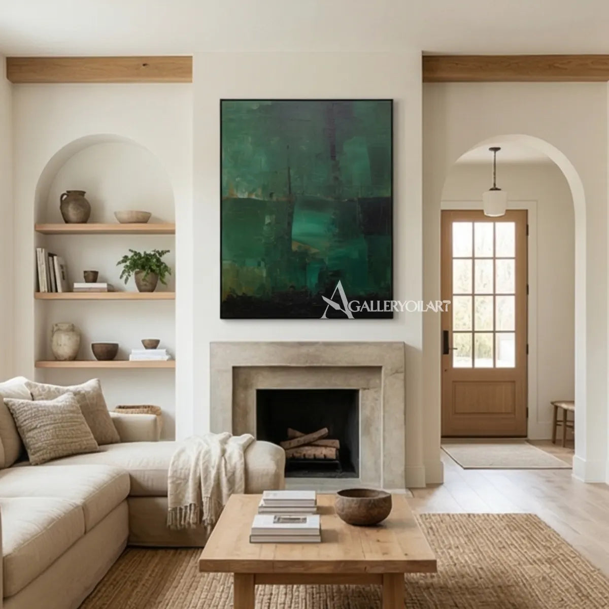 abstract-layered-abstract-blocks-deep-green-forest-teal-charcoal-muted-olive-and-soft-gray-wall-art-in-console-room