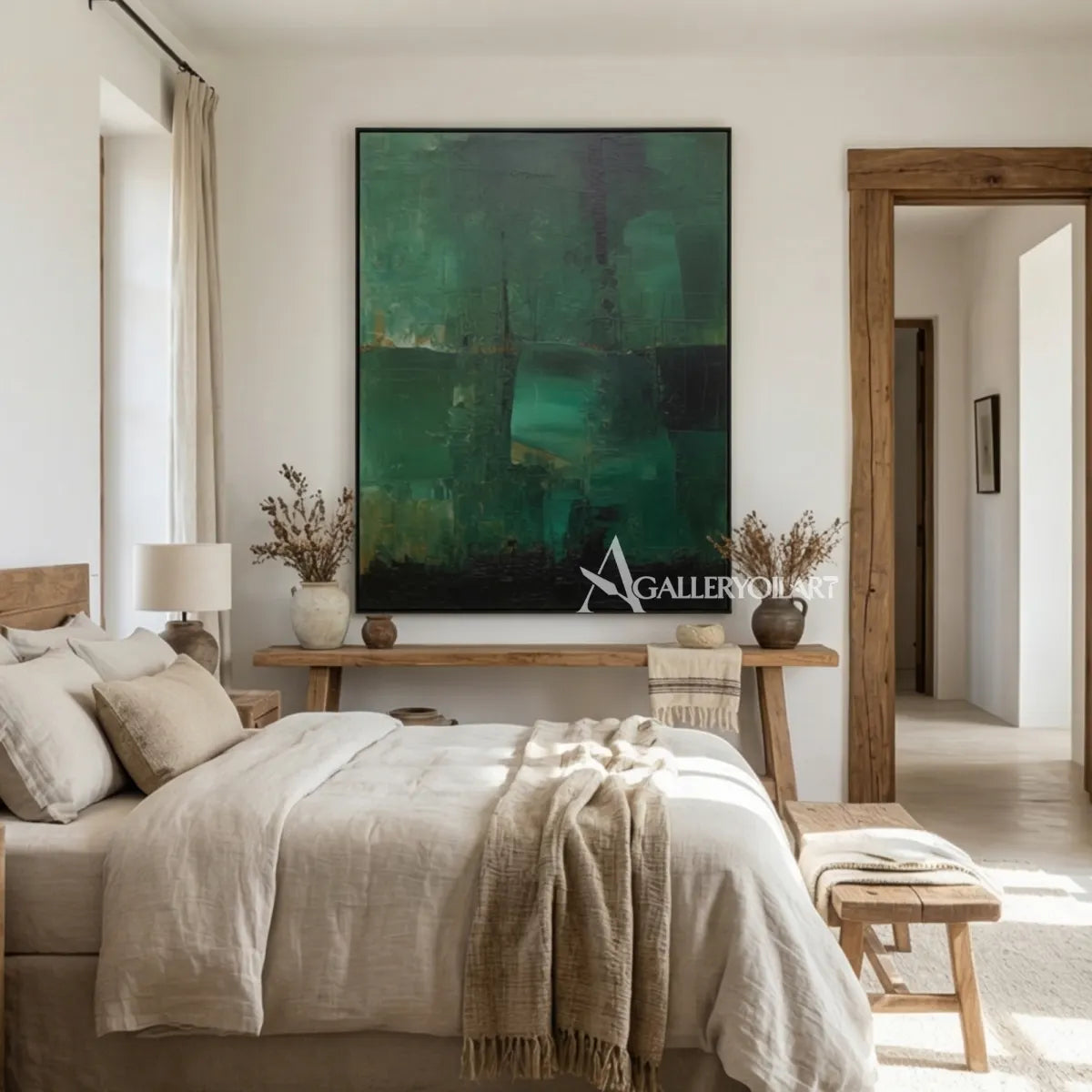 abstract-layered-abstract-blocks-deep-green-forest-teal-charcoal-muted-olive-and-soft-gray-wall-art-in-hallway