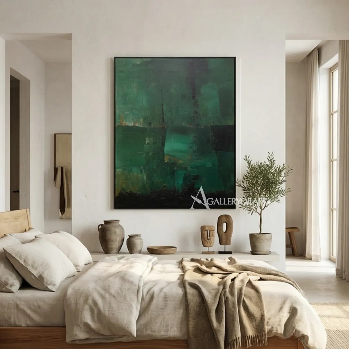 abstract-layered-abstract-blocks-deep-green-forest-teal-charcoal-muted-olive-and-soft-gray-wall-art-in-lounge