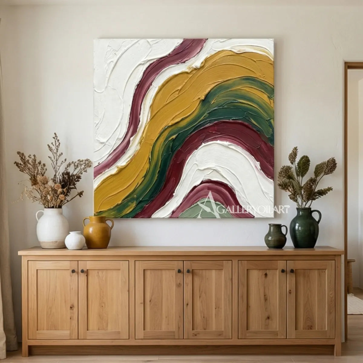 Textured-3D-art-with-layered-yellow-green-and-cream-arcs-above-a-console