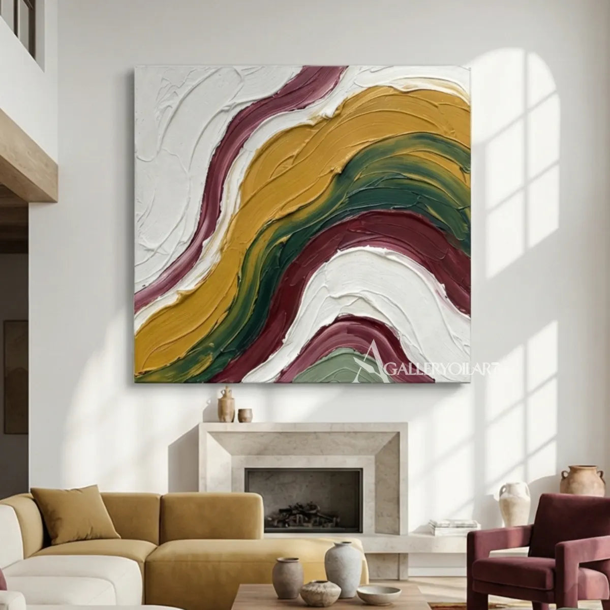 Textured-3D-art-with-layered-yellow-green-and-cream-arcs-in-a-dining-room