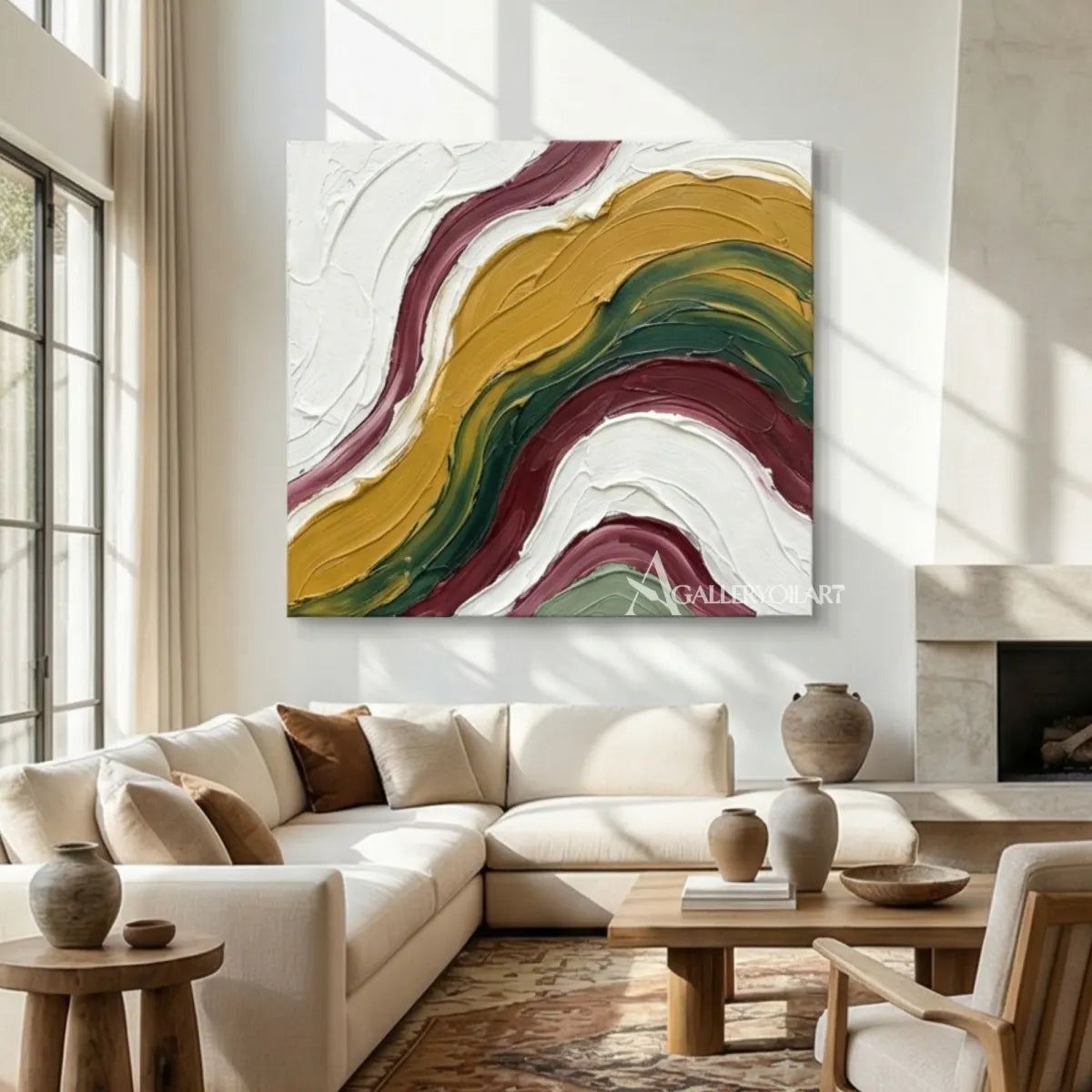 Textured-3D-art-with-layered-yellow-green-and-cream-arcs-in-a-lounge