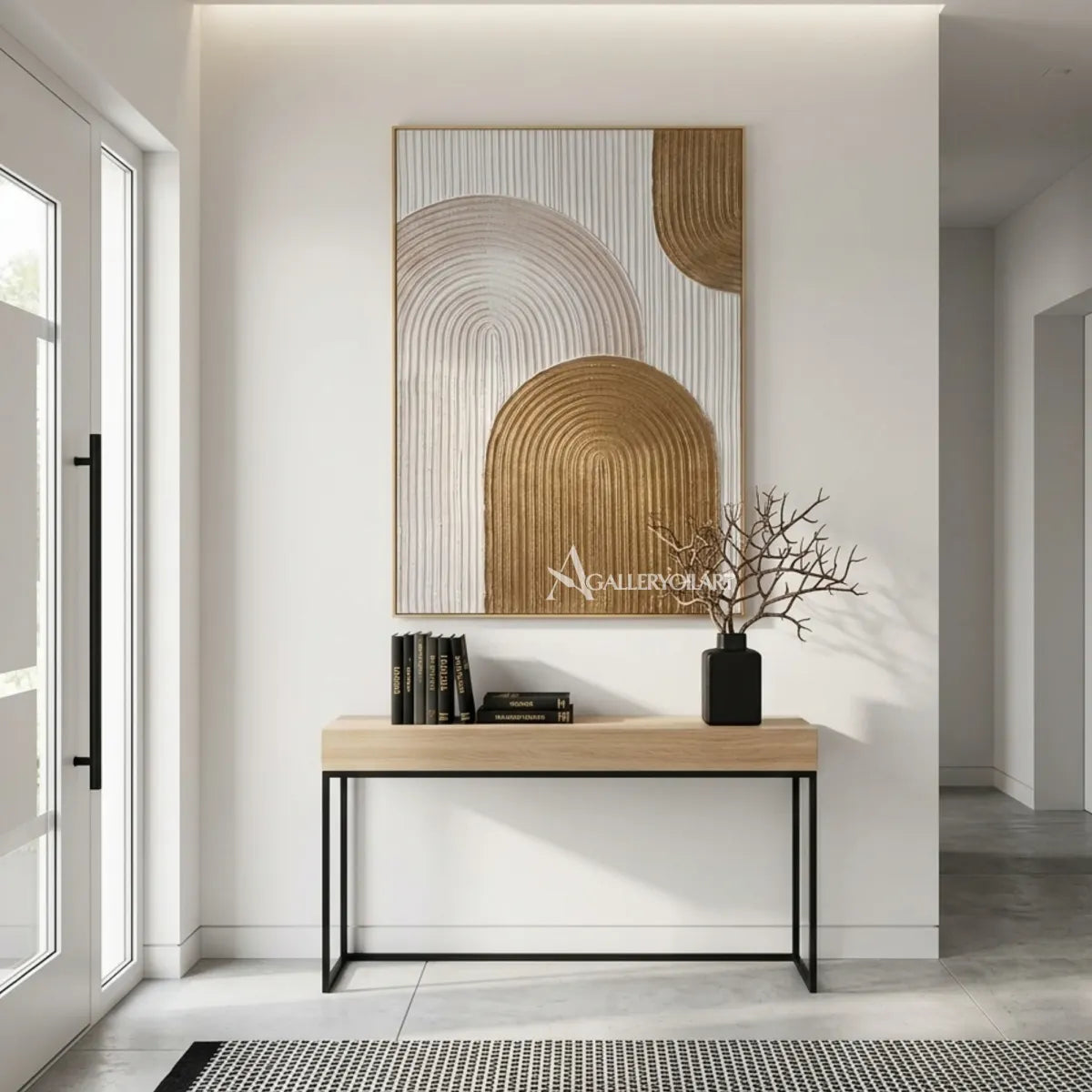 Textured-3D-layered-arch-forms-gold-wall-art-corridor