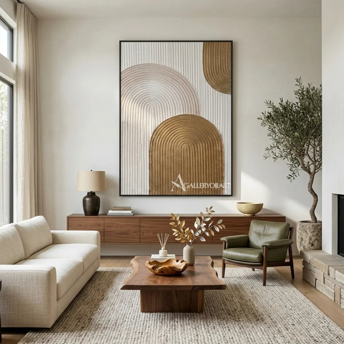 Textured-3D-layered-arch-forms-gold-wall-art-gathering-room