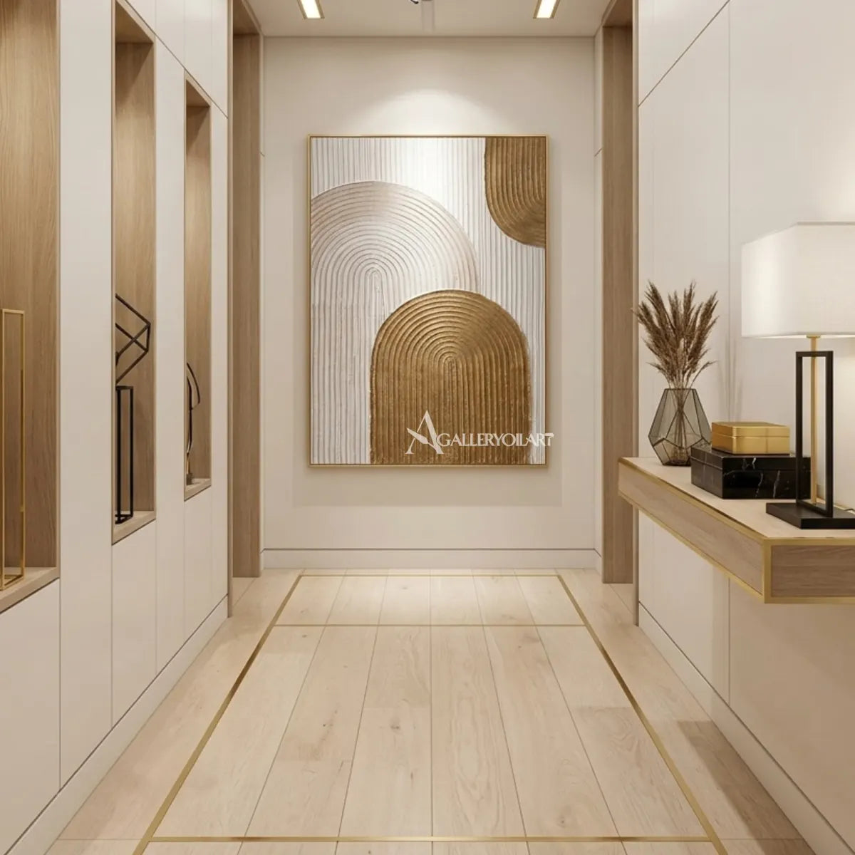 Textured-3D-layered-arch-forms-gold-wall-art-interior-3