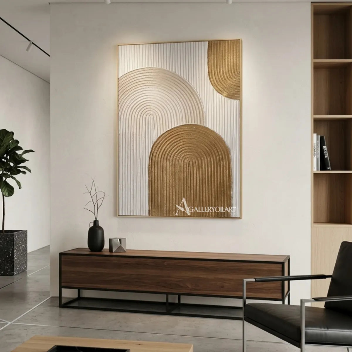Textured-3D-layered-arch-forms-gold-wall-art-interior-8