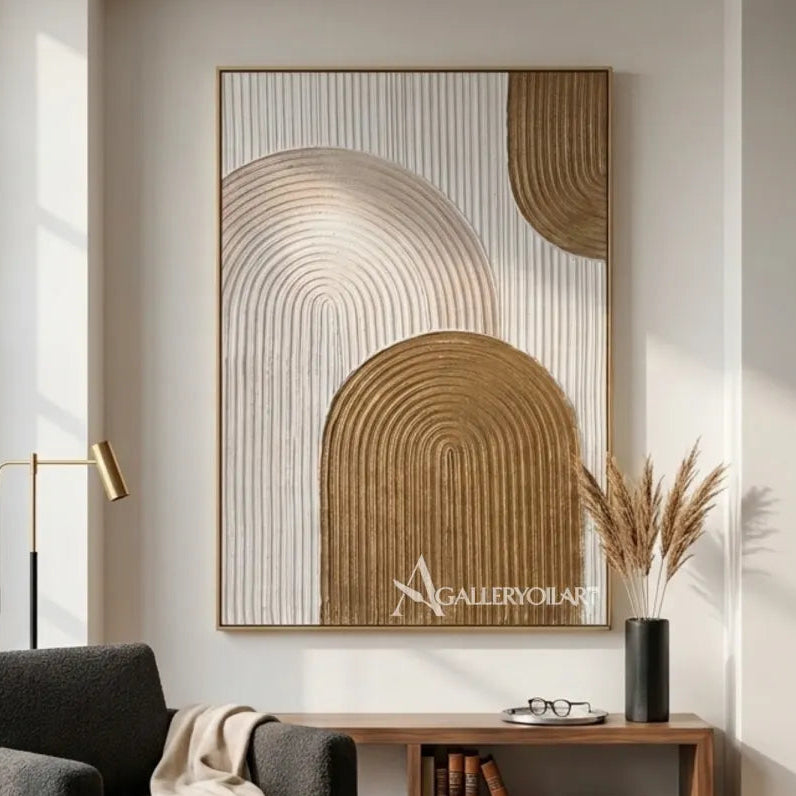 Textured-3D-layered-arch-forms-gold-wall-art-lounge