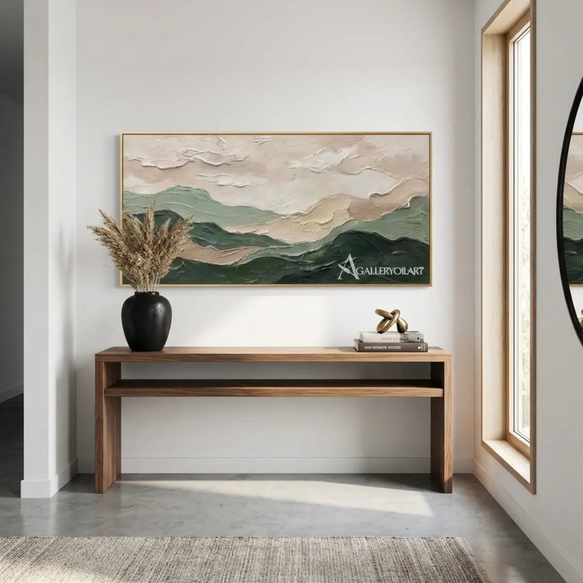 Landscape-layered-mountain-ridges-green-wall-art-in-entryway