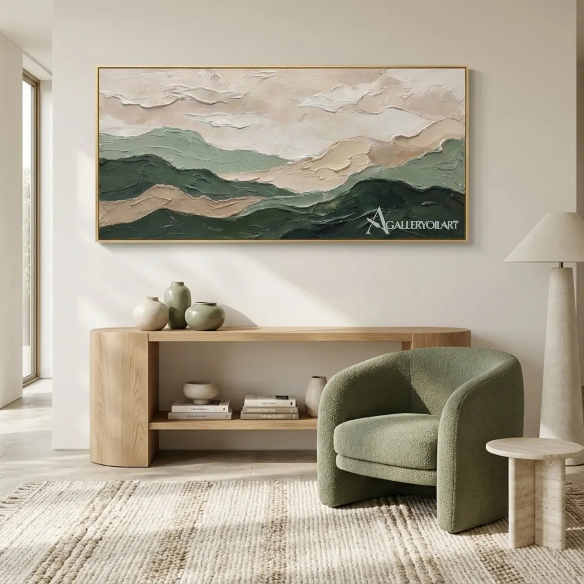 Landscape-layered-mountain-ridges-green-wall-art-in-gallery-interior