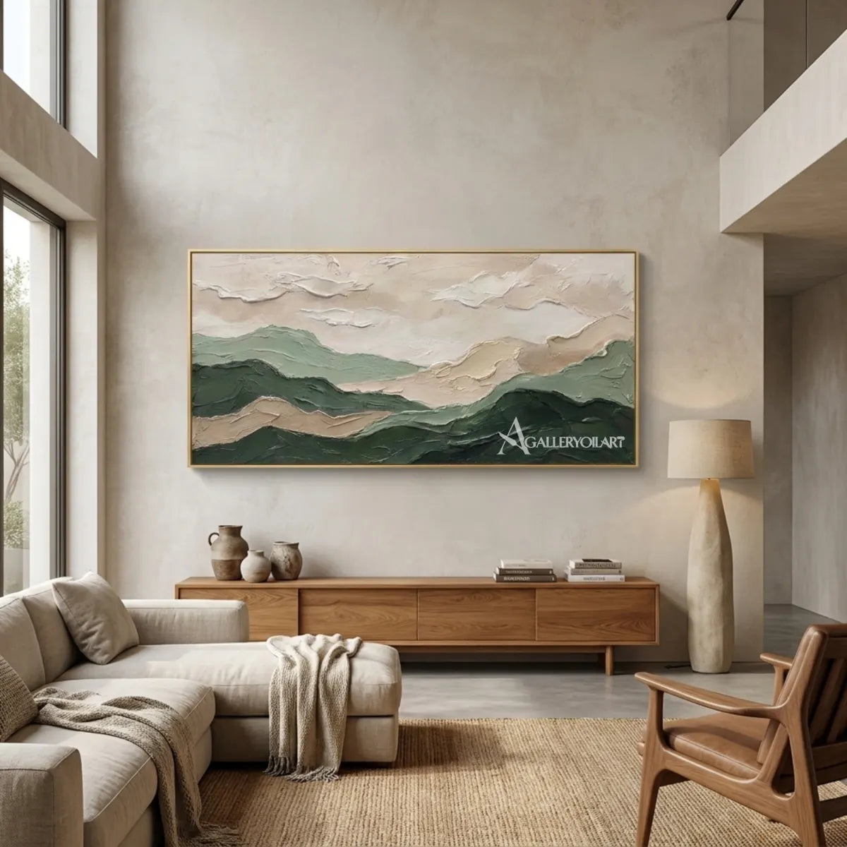Landscape-layered-mountain-ridges-green-wall-art-in-interior-setting
